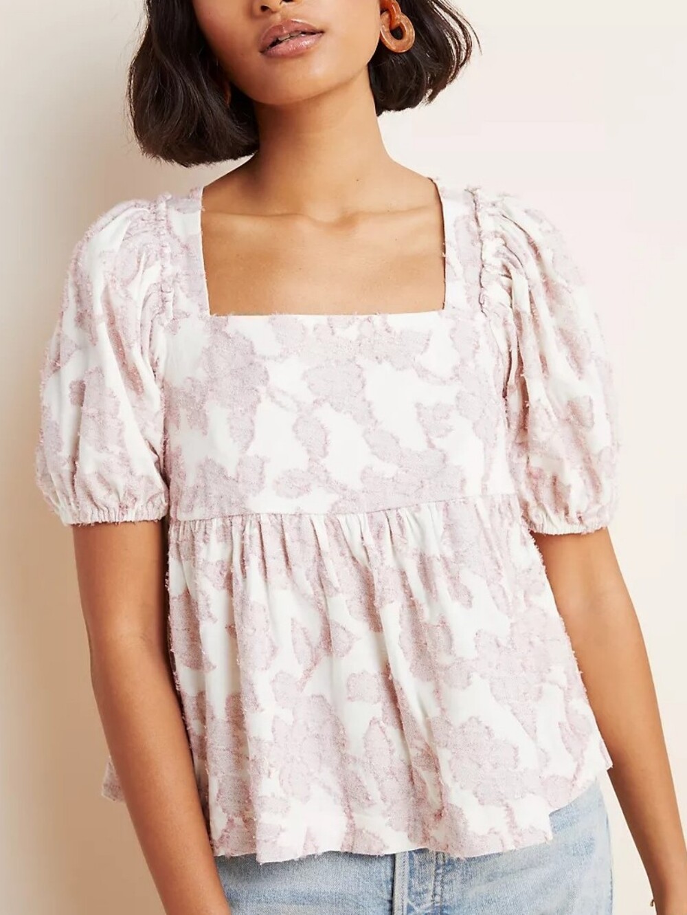 Anthropologie Maeve Batia Textured Babydoll Top Blouse Pink Cream Small Petite